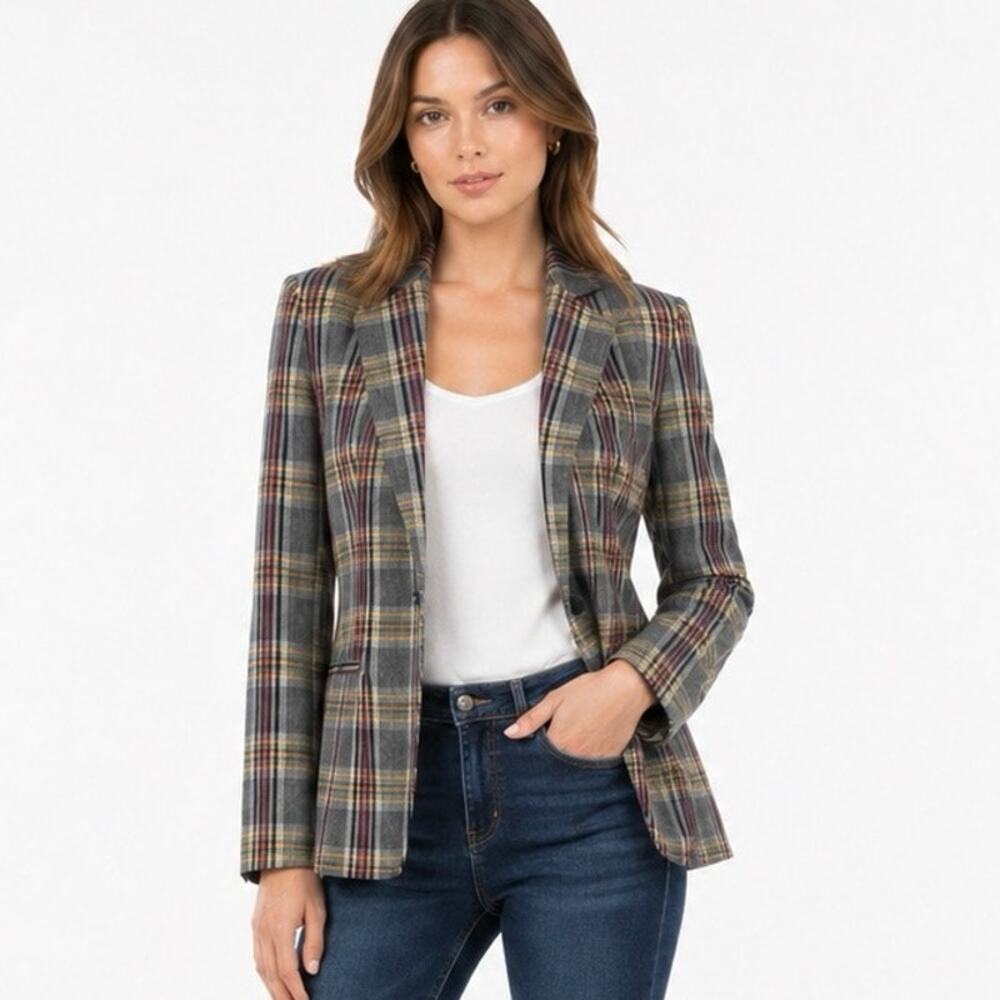 Treasure & Bond Size XS Women's Plaid Bazer Jacket Gray Red Yellow Career